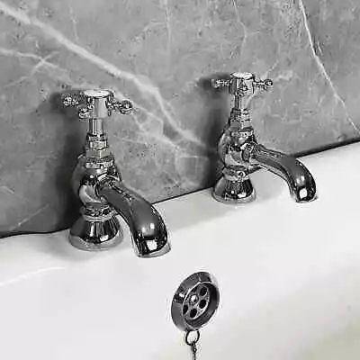 Cammie Traditional Cross Head Bath Pillar Taps Chrome & White • £32.29