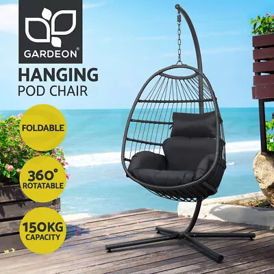 Gardeon Outdoor Egg Swing Chair Wicker Rope Furniture Pod Stand Foldable Grey • $229.95