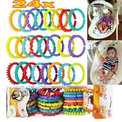 24× Rainbow Teether Ring Links Plastic Baby Kids Infant Stroller Play Mat Toys • £8.03