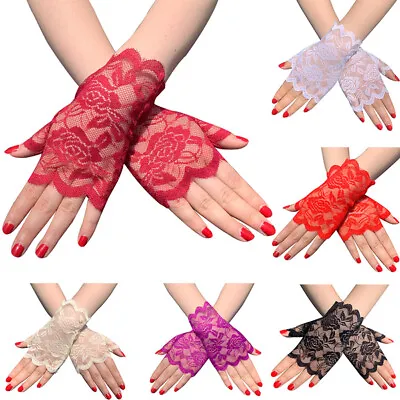 Womens White Red Lace Fingerless Short Gloves 80s Madonna Costumes Burlesque • $3.50