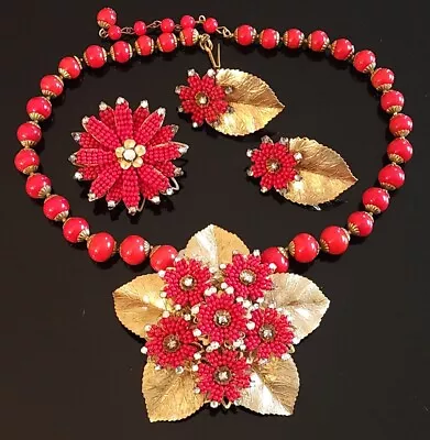 Vtg Sig M. Haskell Red Glass  Russian Gold Plated Mtl Necklace Earrings & Pin • £166.77