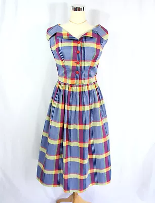 Vintage Madras Plaid Sleeveless Shirt Shirtwaist Dress Sundress S M 1950s • $49.95