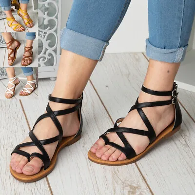 SALE!!!! Sandals Toe Post Ladies Summer Flat Strappy Gladiators Comfy Shoes Size • £7.99