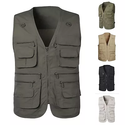 Mens Outdoor Fishing Vest Utility Shooting Safari Travel Vest With Multi Pockets • £14.39