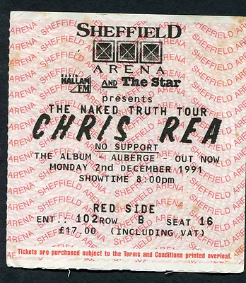 Original 1991 Chris Rea Concert Ticket Stub Sheffield UK The Naked Truth Tour • $29.99