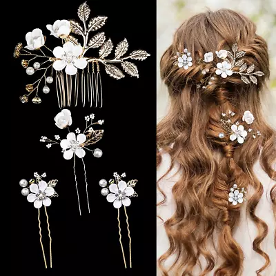 4 Pieces Wedding Flower Hair Pins Pearl Rhinestone Bridal Hair Combs Vintage For • $13.27