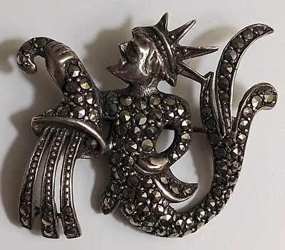 £5 • Buy Rare Silver & Rhodium Plated Marcasite Neptune Pin Brooch 3.5x3 Cms