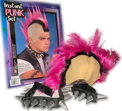 INSTANT PUNK SET Pink Hair Bald Head Mohawk Clown Wig Rubber Spiked Choker Wrist • $27.89