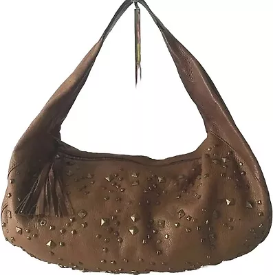 Alfani Italian Leather Hobo Shoulder Bag Brass Studded Fringe Boho Vintage • $28