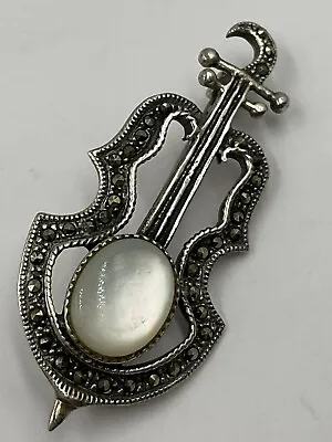 Sterling Silver Vintage  Marcasite Mother Of Pearl Violin Music Instrument Pin • $32.97