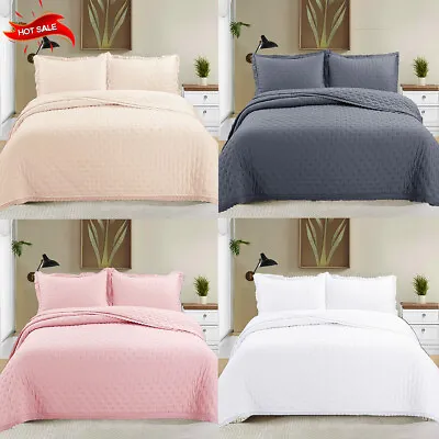 3 Piece Quilted Embossed Bedspread Bed Throw Single Double King Size Bedding Set • £17.99