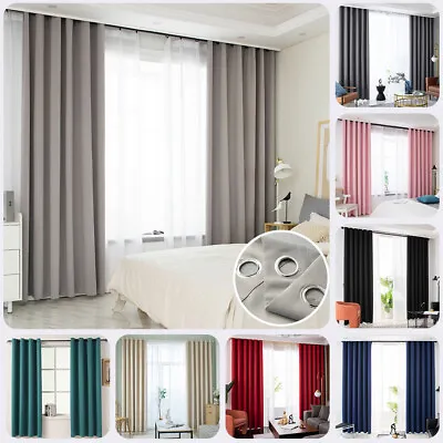 £19.99 • Buy Blackout Curtains Ready Made Pair Thick Thermal Ring Top Eyelet Or Pencil Pleat