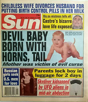 Sun Magazine October 1990 Devil Baby Skydiver Kidnapped By UFO Castro Love Life • $14.95