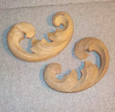 Pair Of Oak Wood Classic Carved Ornaments 3 X 5  Furniture Applique Onlay • $11