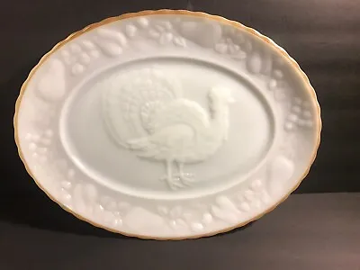 Vintage Anchor Hocking Milk Glass Platter With Turkey Fruit Flowers Gold Trim • $15