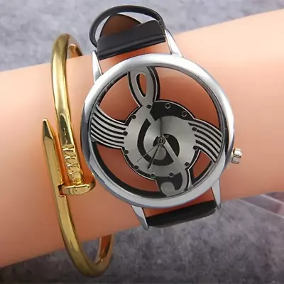 Fashion Music Quartz Watch Hollow Round Dial PU Leather Band | Ideal Gift New • $25.98