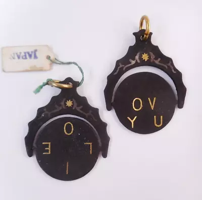 Vtg Lot Of 2 Message Spinner Pendants 'I Love You' Black Enamel Japanned • $14.99