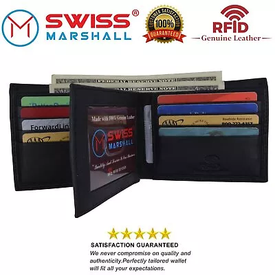 RFID Blocking Mens Genuine Leather Black Flap Credit Card ID Holder Slim Bifold • $19.99