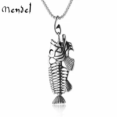 MENDEL Mens Fishing Fish Bone Skeleton Hook Necklace Pendant Stainless Steel Men • $11.99