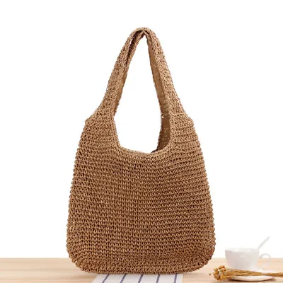 Women Woven Straw Shoulder Bag Large Summer Beach Bag Handbag Tote With Zipper • £13.99