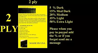 $11.99 • Buy WINDOW TINT FILM ROLL  5% 20% 35% 50% 24  X 10 FT 2 Ply HP  Intersolar® PRO USA 