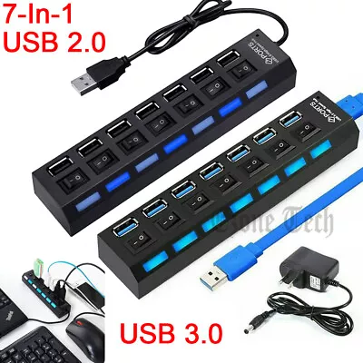 7 Port USB 2.0 / 3.0 Hub Splitter Adapter High Speed For PC Laptop Mac Desktop • $12.73