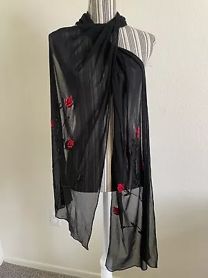 Vintage Beaded Rose Appliqué Piano Scarf Shawl Long Black Sheer Evening Opera • $43.99