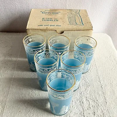 Vintage Jeanette Blue Grecian 6-Piece Tumbler Glass Set 22K Gold Trim MCM • $29.99