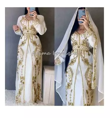 Royal Moroccan Islamic Kaftan Fancy Hand Beaded Long Sleeve Wedding Gown Dress • $109.99