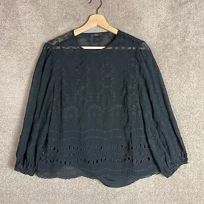 J. Crew Eyelet Top Womens Small Black Mixed Embroidery Draped Long Sleeve Blouse • $22.49