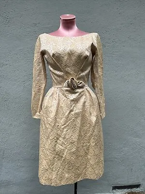 I.magnin Vintage Jacquard Dress 60s Retro Long Sleeve Mad Men Gold Cocktail S • $74.99