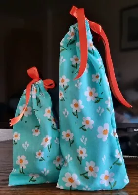 Handmade Fabric Gift Bags X 2 Daisies Teal Cotton Drawstring Reusable • £1.85