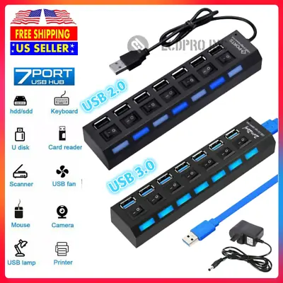 7 Port USB 2.0 / 3.0 Hub Splitter Adapter High Speed For PC Laptop Mac Desktop • $12.17