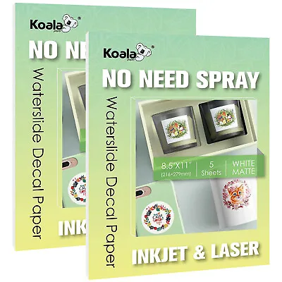 10 Sheets KOALA No Spray White Waterslide Decal Transfer Paper  INKJET & LASER • $12.99