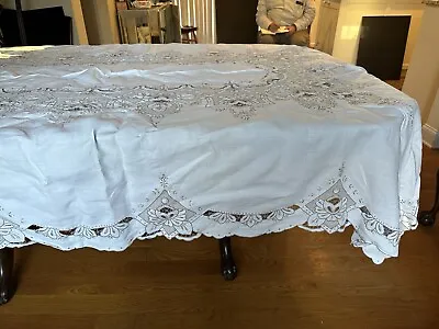 Vintage Madeira Portugal Densely Hand Embroidered Lace Beige Tablecloth  96X 66 • $199.95