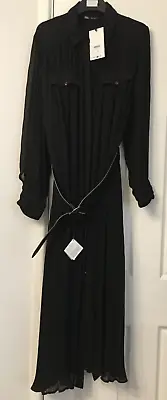 Zara Belted Pleated Midi Dress ~ L ~ Black | 8741/244 • £34.99