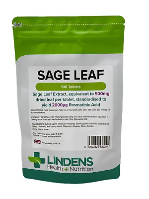 SAGE LEAF TABLETS 500mg (100 Tabs) Hot Flushes Flashes Sweats Menopause LINDENS • £7.50