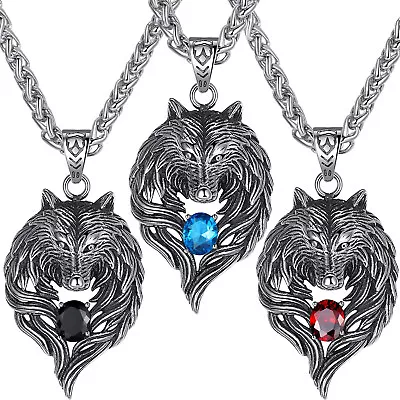 Men's Stainless Steel Large Tribal Wolf And Crystal Biker Pendant Necklace • $19.95