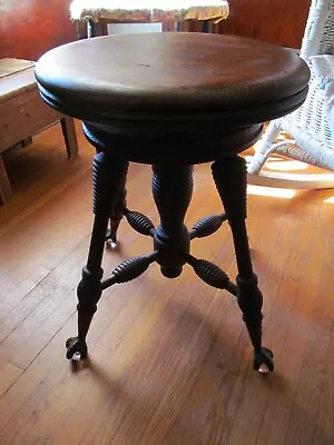 Antique Wood Piano Stool With Ball & Claw Feet Vintage Adjustable Swivel Seat • $155