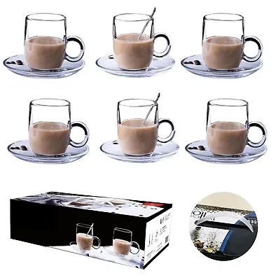 6 X 195ML Glasses Cups Mugs For Coffee Tea Cappuccino & More With Saucer • £10.95