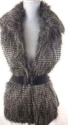 BLACK RIVET Faux Fur & Leather Long Vest With Belt & Pockets - Sz XS • £26.50