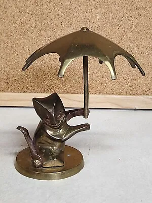 Vintage Brass Kitty Cat Figurine Under An Umbrella Made In India • $0.99