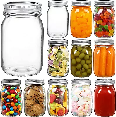 16 Oz Wide Mouth Mason Jars 12 Pack Glass Canning Jars With Airtight Lids And Ba • $27.72