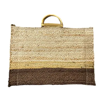 Zara Frayed  Braided Jute Shopper Tote Beach Bag Natural Brown Ombré Stripped • $40