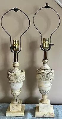 Pair Vintage Neoclassical Italian Carved Art Marble Table Lamps Works Alabaster • $229