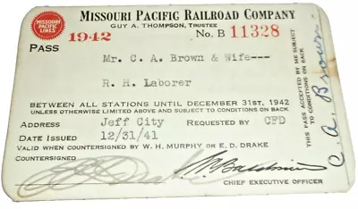 1942 Missouri Pacific Mopac Railroad Employee Pass #11328 • $40