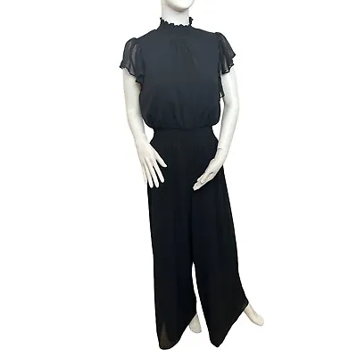 MSK Women’s Jumpsuit Black M Smocked Trim Wide Leg Flutter Sleeves Chiffon • $65