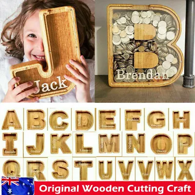 Personalized Wooden Piggy Bank Letter Coin Saving Money Box Funny Gift Kids AUS • $21.90