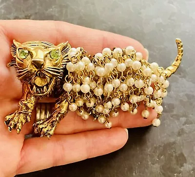 HATTIE CARNEGIE VINTAGE LARGE TIGER PEARL BROOCH PIN Green Eyes Signed • $345