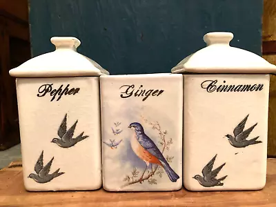 Three Vintage Antique BLUEBIRD Blue Bird HULL Pottery China Spice Canisters 1920 • $32